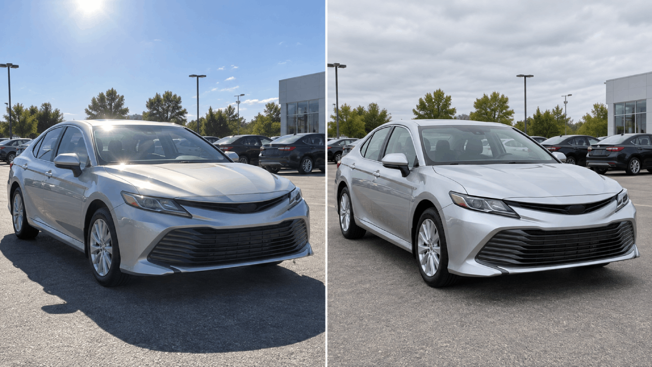 Illustrative views of a silver sedan in harsh sunlight and softer overcast light.