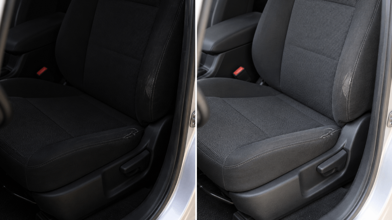 Illustrative dark cloth seats with wear difficult to see in shadow on the left and more visible in even light on the right.